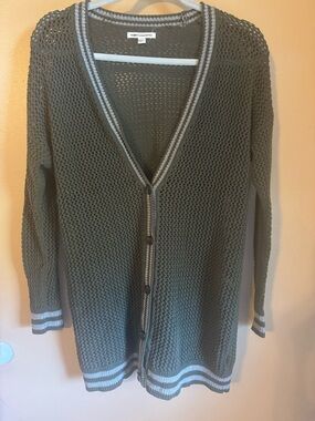 American Eagle Outfitters Olive Open-Weave Cardigan with Light Gray Trim